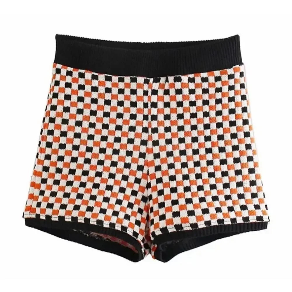 ZARA |‎ Orange White Black Knit Sweater Checkered  Shorts 100% Cotton | Medium